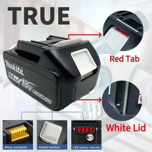 Makita 18V battery close-up, red tab and white lid detail