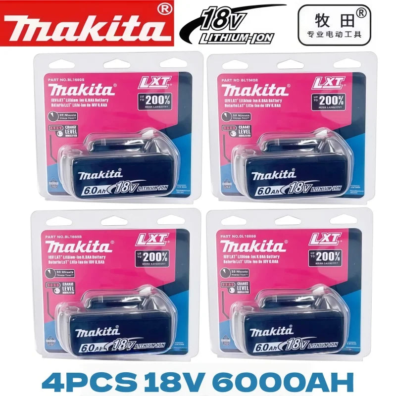 Makita 18V battery set packaging, pink and blue with 6000mAh label