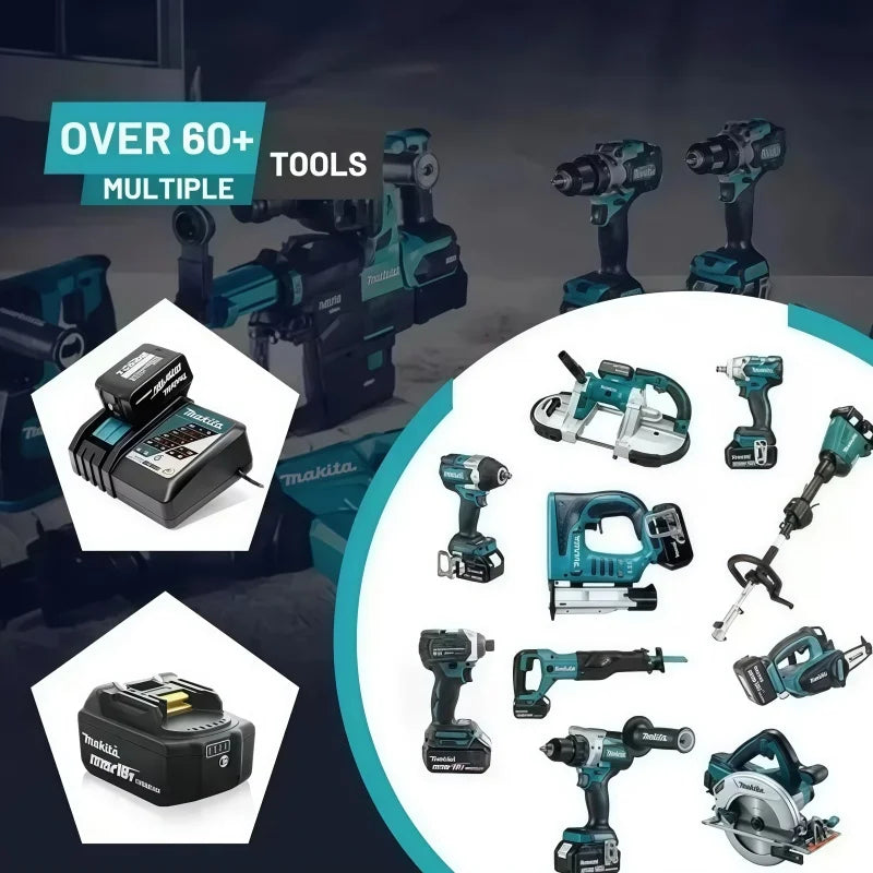 Makita 18V battery in use with compatible power tools lifestyle shot