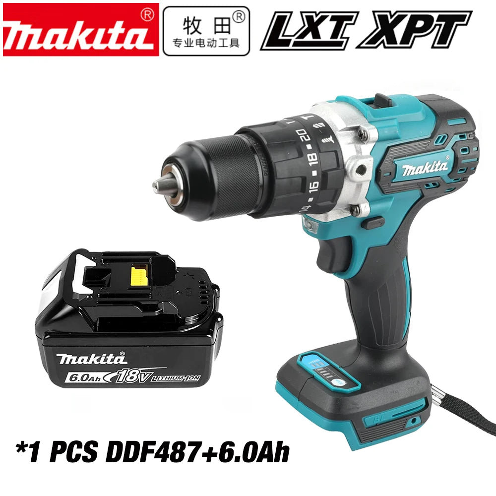 Makita DDF487 cordless screwdriver packaging with battery and model DDF487