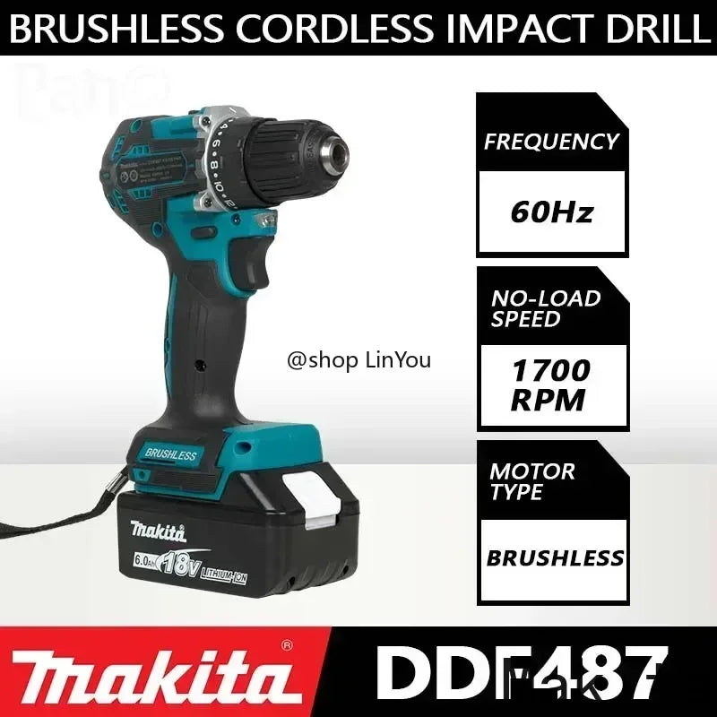 Makita DDF487 cordless screwdriver black and blue front view