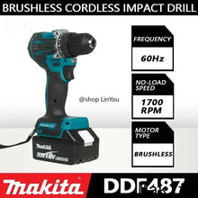 Makita DDF487 cordless screwdriver black and blue front view