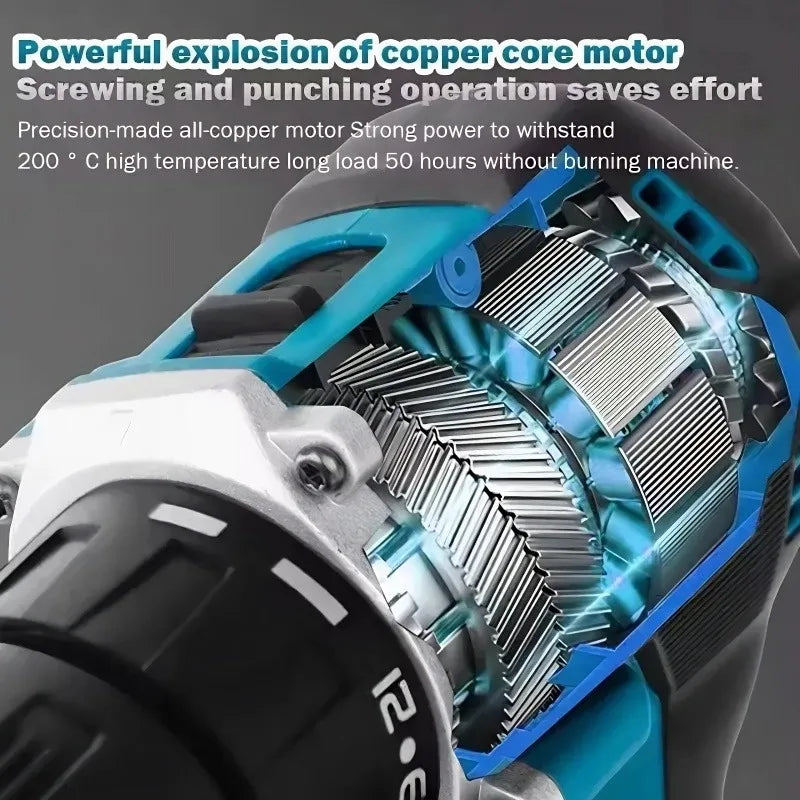 Makita DDF487 motor detail close-up in blue and black