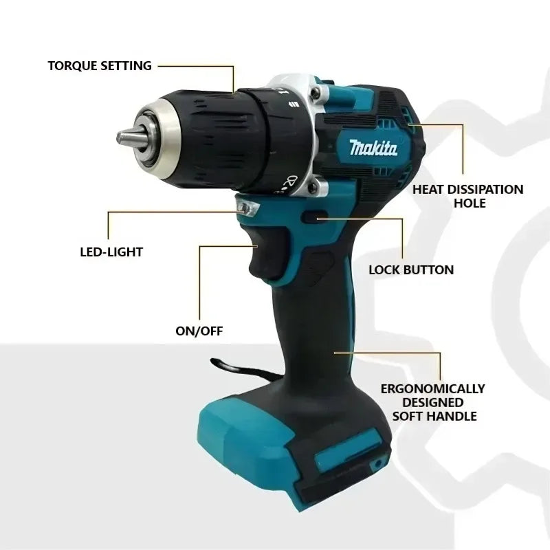 Makita DDF487 keyless chuck and torque adjustment detail on white background