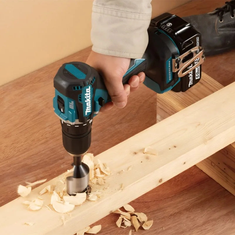 Makita DDF487 lifestyle front view with ergonomic grip, blue and black