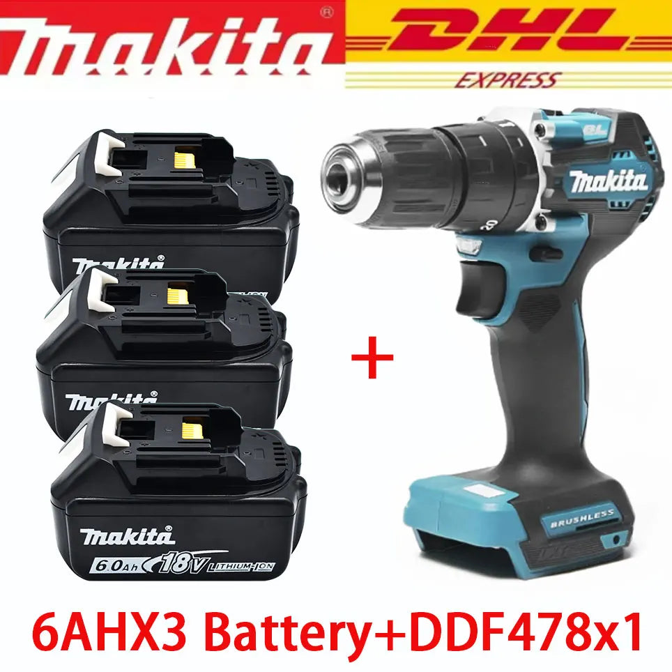 Makita DDF487 kit packaging with included batteries, black and blue