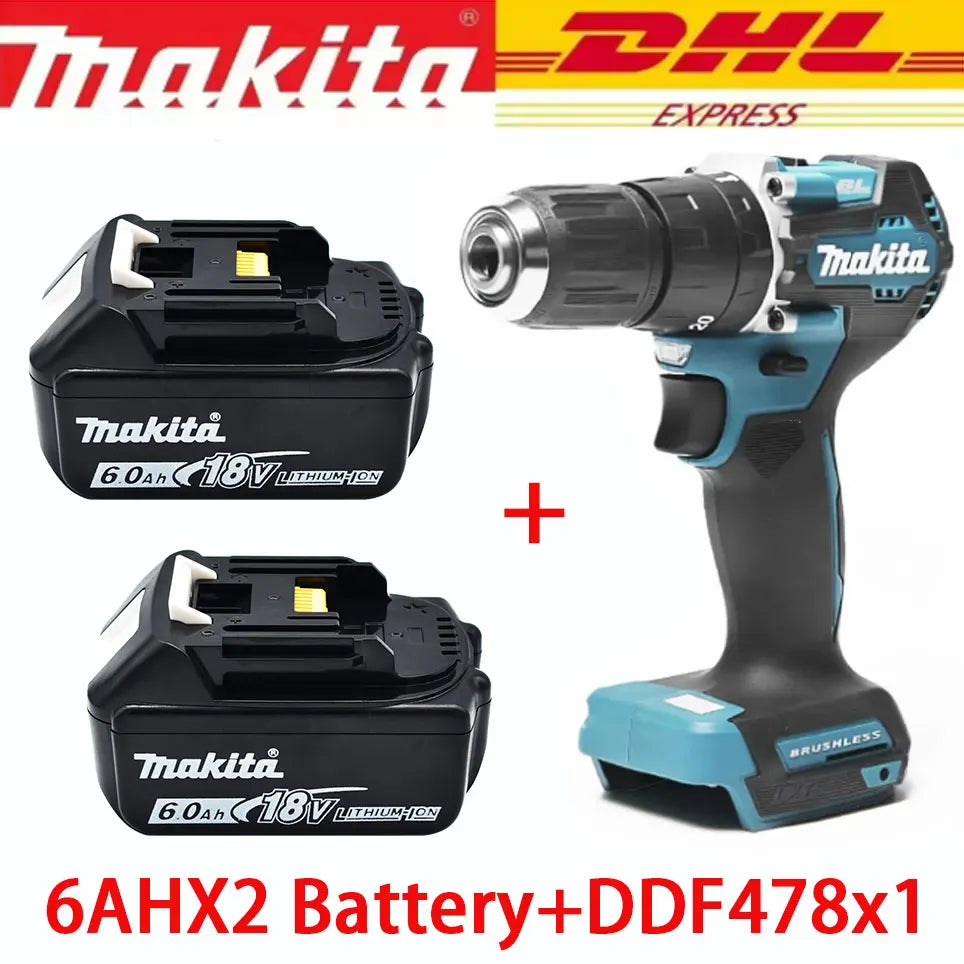 Makita DDF487 packaging showing two batteries, black and blue