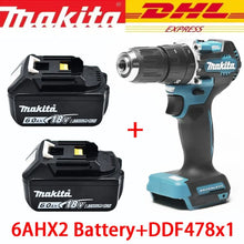 Makita DDF487 packaging showing two batteries, black and blue