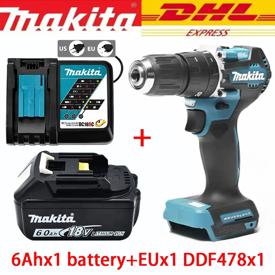 Makita DDF487 packaging with 6Ah battery, black and blue