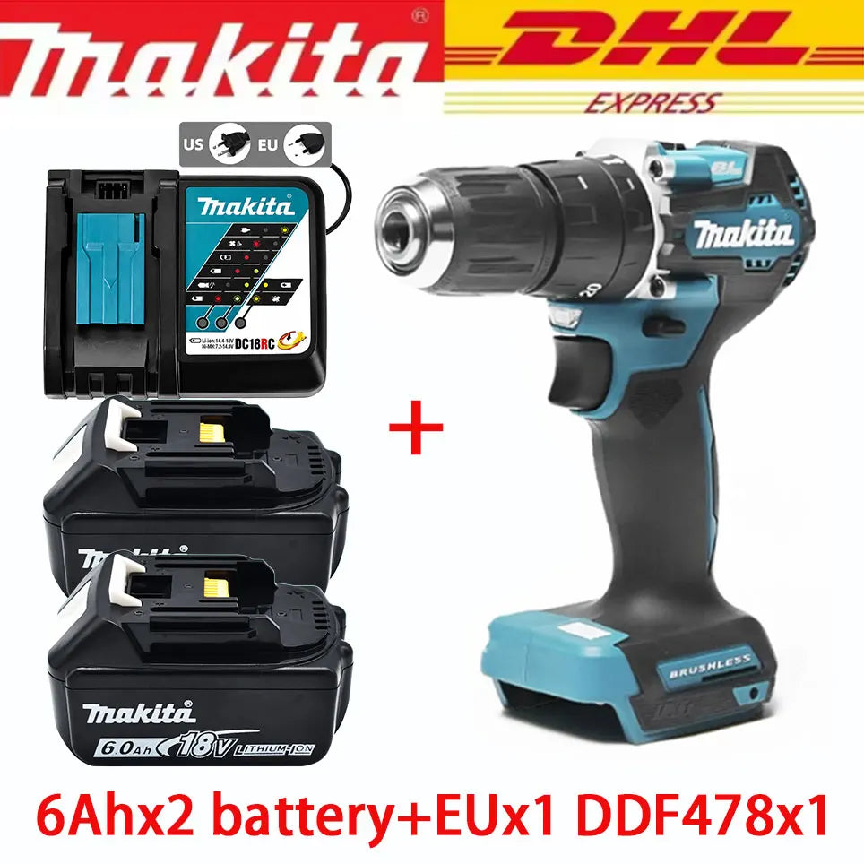 Makita DDF487 packaging with two 6Ah batteries and charger, black and blue