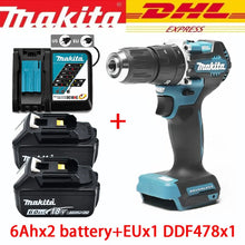 Makita DDF487 packaging with two 6Ah batteries and charger, black and blue
