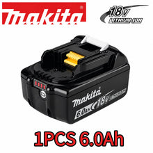 Makita 6.0Ah battery detail close-up, black and yellow on white