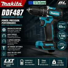 Makita DDF487 front view, blue and black cordless drill with LED lights