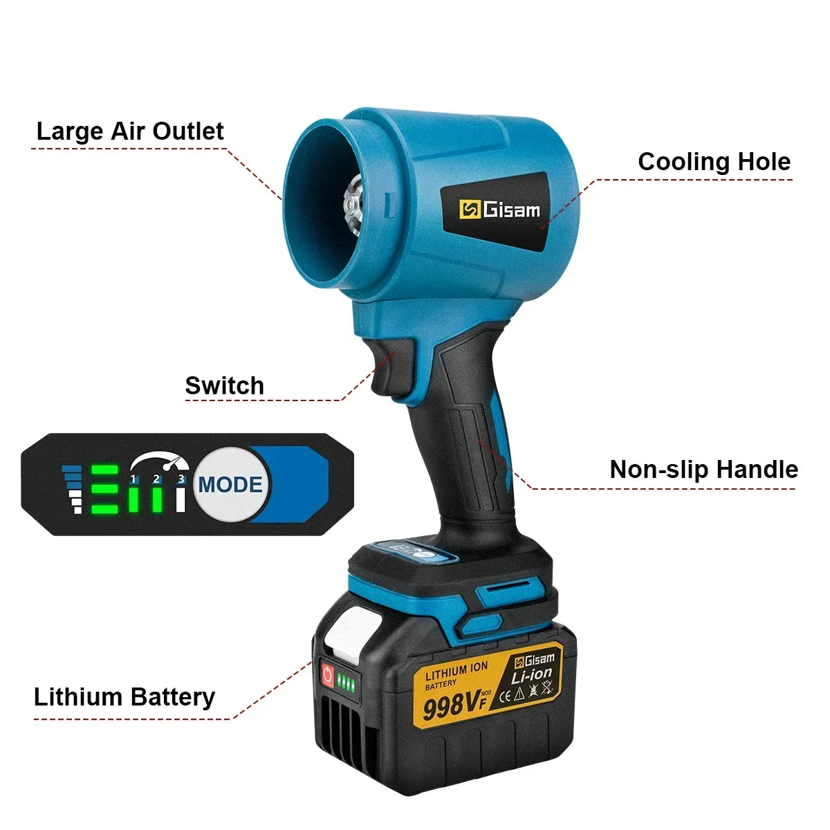 Gisam blue turbo blower detail close-up with non-slip handle and LED display