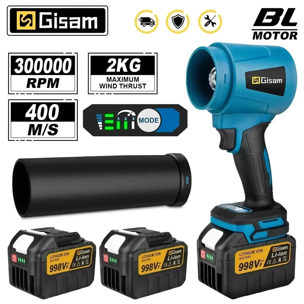 Gisam turbo blower front view, blue-black-yellow handheld on white background