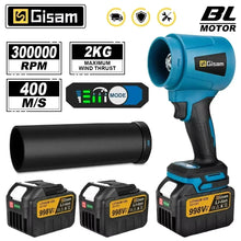 Gisam turbo blower front view, blue-black-yellow handheld on white background