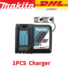 Makita charger with LED indicator packaging in black and blue close-up