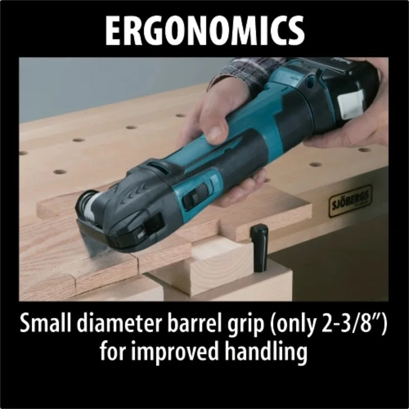 Makita DTM51 ergonomic grip detail in blue and black close-up