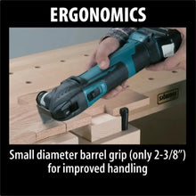 Makita DTM51 ergonomic grip detail in blue and black close-up