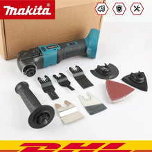 Makita DTM51 blue-black multi-tool lifestyle with multiple attachments outdoors