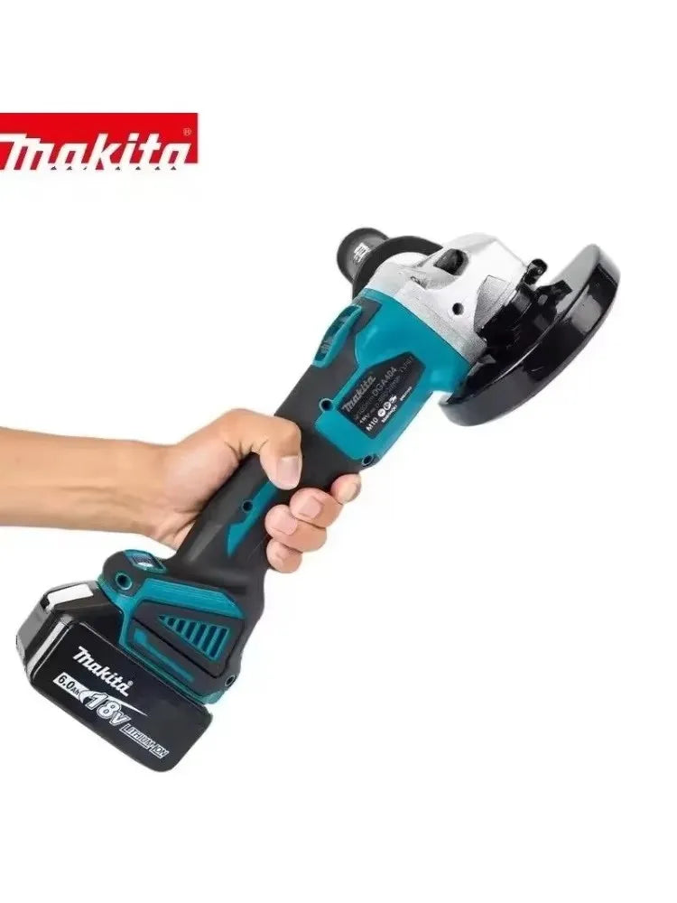 Makita DGA504 detail close-up showing 2-position handle and battery indicator, black and blue