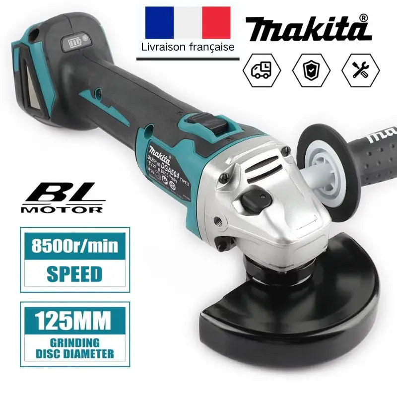 Makita DGA504 detail close-up, black and blue brushless angle grinder