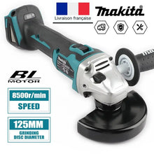 Makita DGA504 detail close-up, black and blue brushless angle grinder