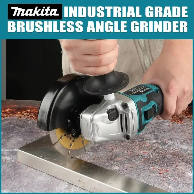Makita DGA504 detail close-up of brushless motor and cutting disc, black and blue
