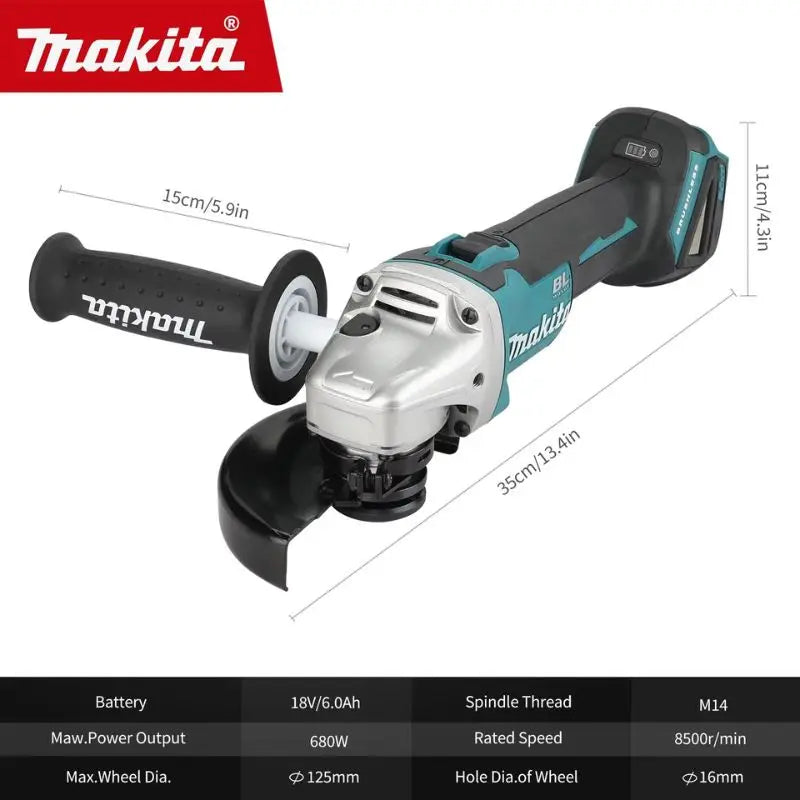 Makita DGA504 detail close-up of ergonomic handle and safety guard, black and blue