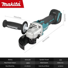 Makita DGA504 detail close-up of ergonomic handle and safety guard, black and blue