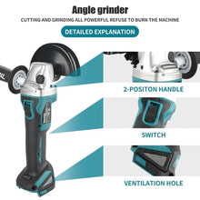 Makita DGA504 lifestyle handheld use, black and blue angle grinder with battery pack