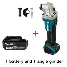Makita DGA504 packaging showing DGA404 model and included accessories, black and blue