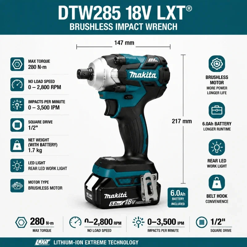 Makita DTW285 packaging showing 18V LXT feature, blue and black on white