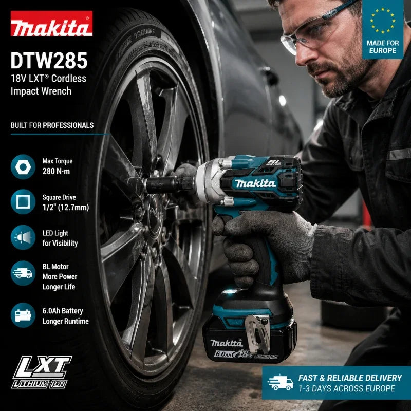 Makita DTW285 cordless impact wrench in workshop lifestyle shot, blue and black