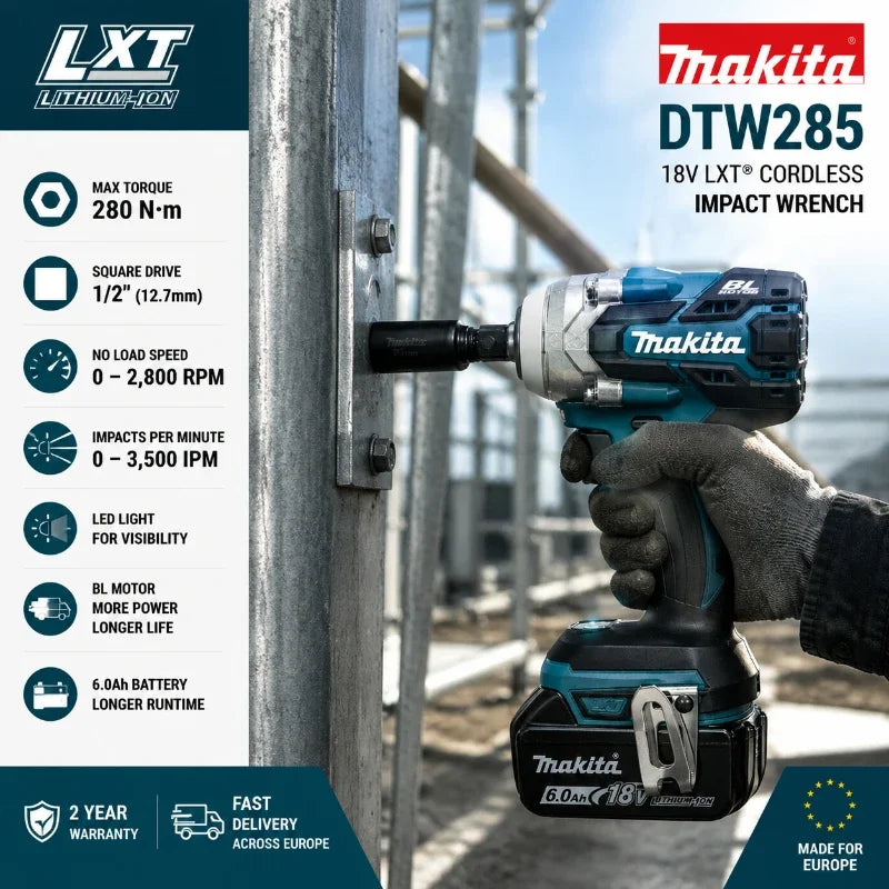 Makita DTW285 detail packaging shot with battery included, blue and black