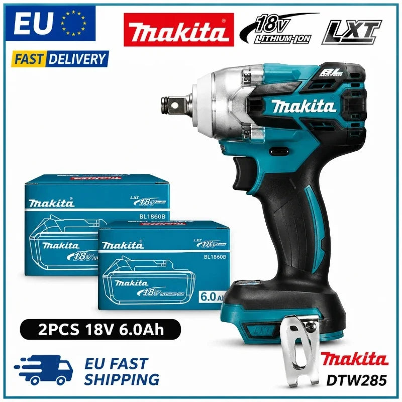 Makita DTW285 packaging detail showing 1/2 inch drive and variable speed, blue and black