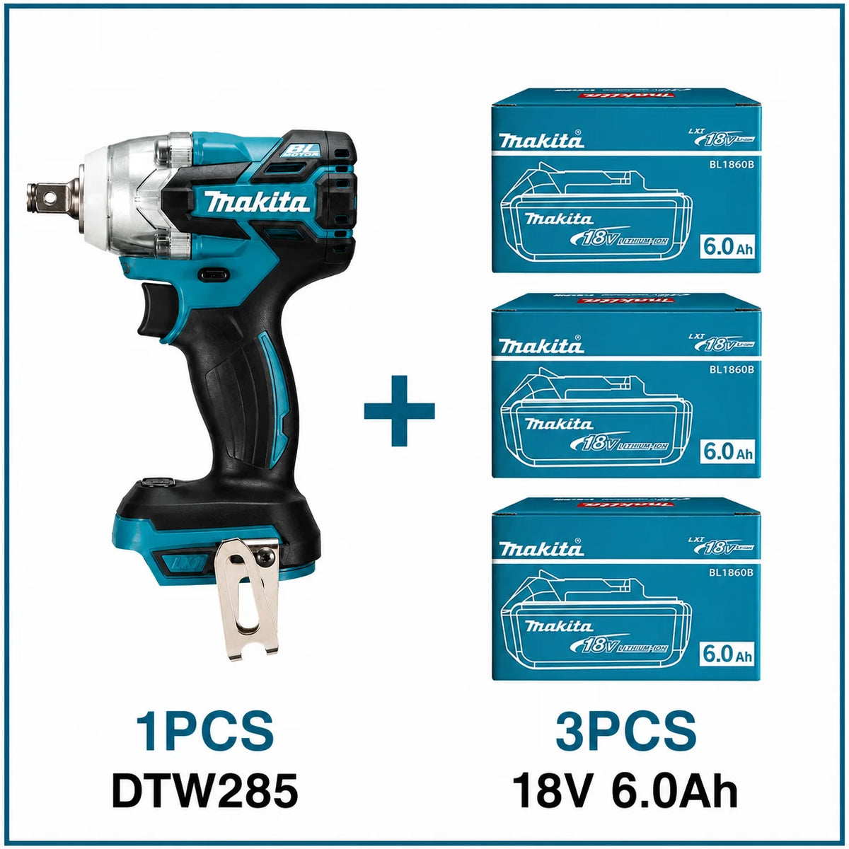 Makita DTW285 front view with three 18V batteries, blue and black