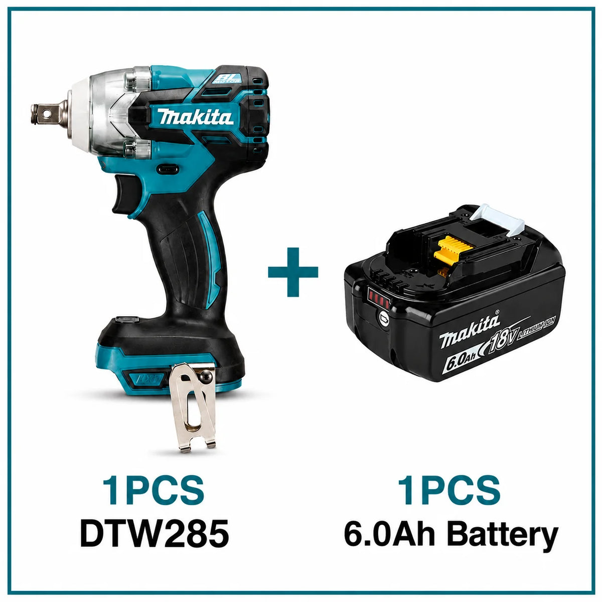 Makita DTW285 front view with one 18V battery, blue and black