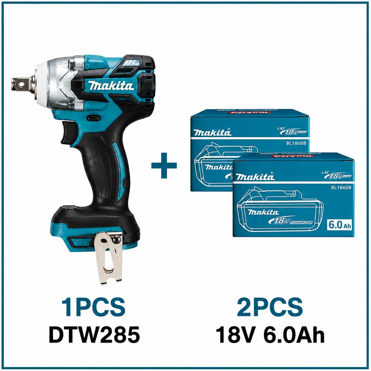 Makita DTW285 front view with two batteries included, LED light