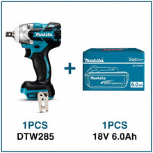 Makita DTW285 kit packaging detail, blue and black on white