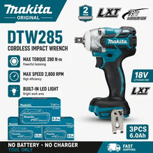 Makita DTW285 packaging, blue and black kit box on white background