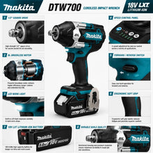Makita DTW700 components detail, blue case and included battery