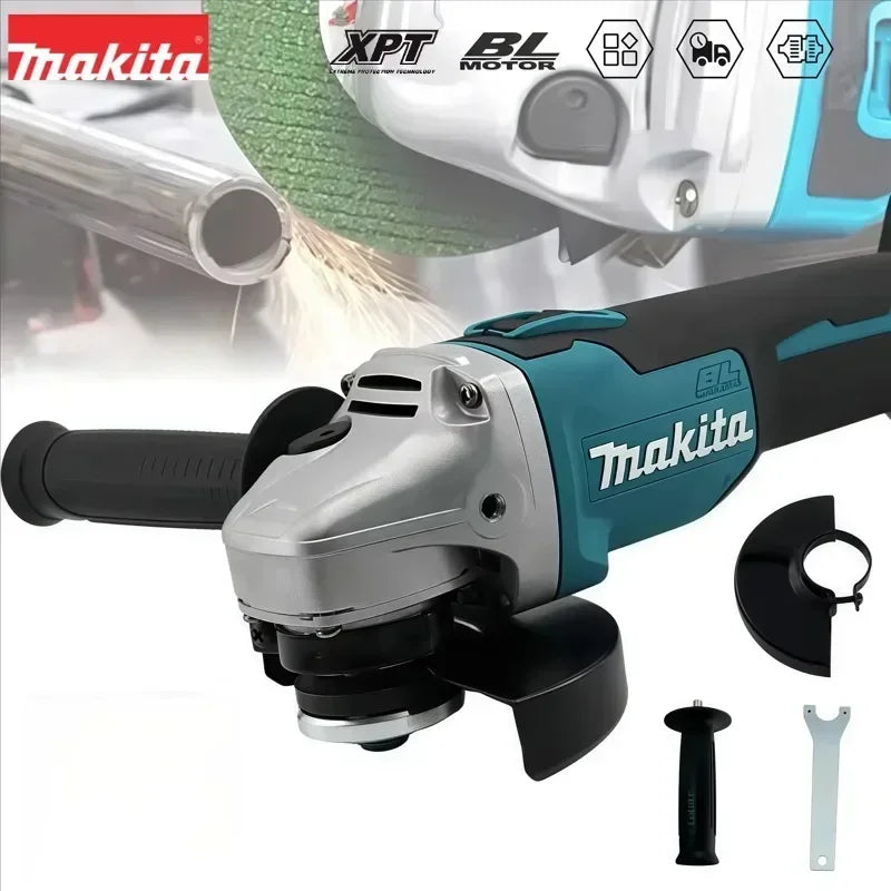 Makita 18V angle grinder safety guard and brushless motor close-up