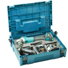Makita 18V angle grinder tool case open with accessories