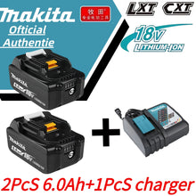 Makita 18V battery and charger packaging, black and blue, two batteries