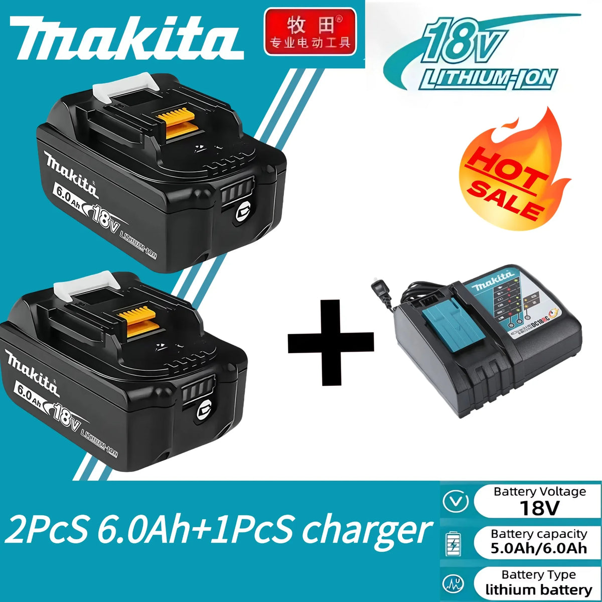 Makita 18V battery lifestyle shot, black and blue with drill