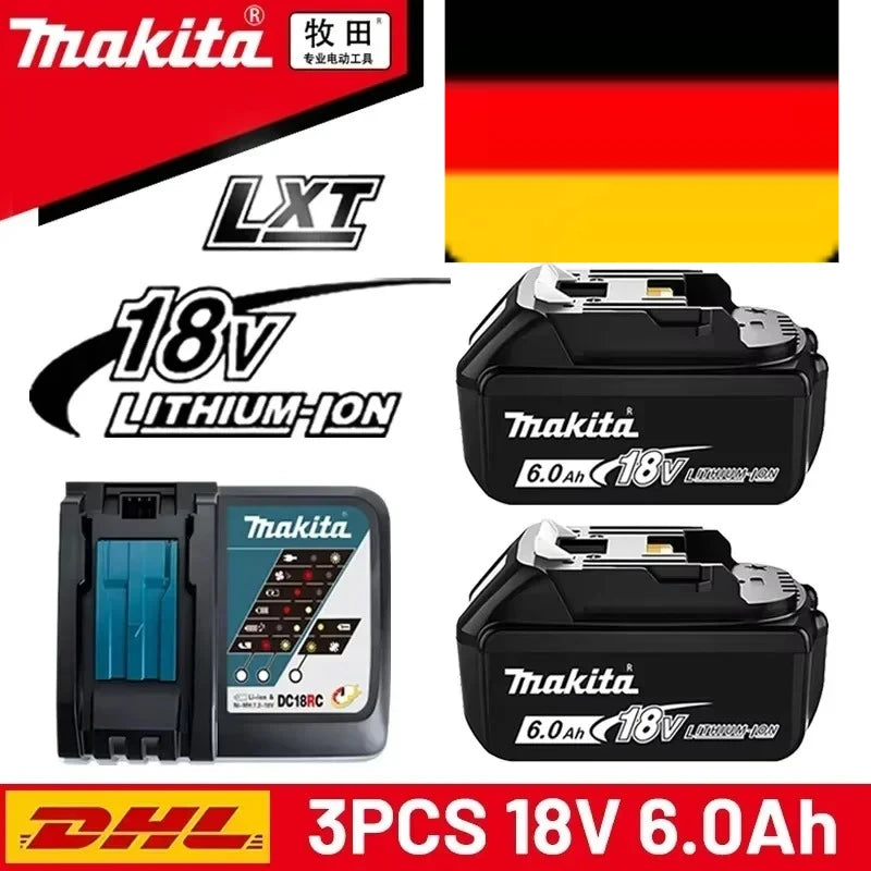 Makita 18V battery set packaging, black and red, two batteries