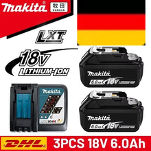 Makita 18V battery set packaging, black and red, two batteries