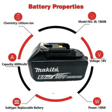 Makita rechargeable battery close-up, black and yellow specification detail