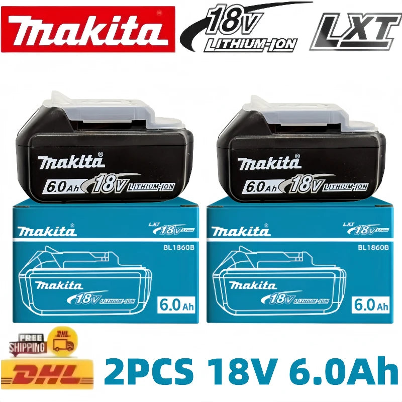 Makita 18V 6Ah battery packaging, black and blue, front view